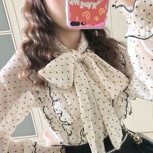 Japan Fashion Sheer Flocked Polka Dot Blouse